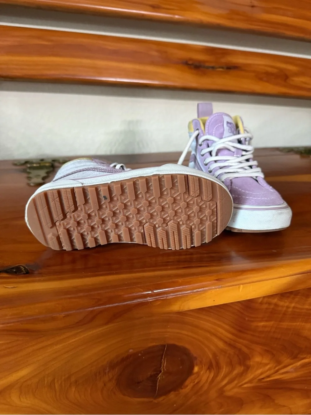 Vans Lilac and White High-Top Kids Sneakers with Yellow Accent